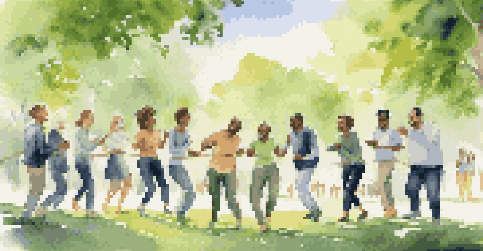 A group of colleagues engaged in a team-building exercise in a sunny park, laughing and collaborating.