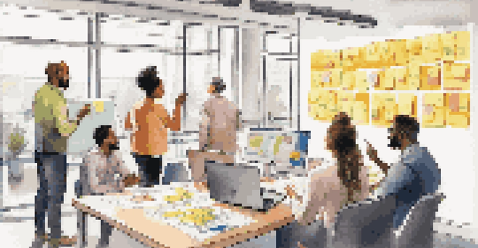 A diverse group of professionals collaborating in a bright office, surrounded by sticky notes and a whiteboard.