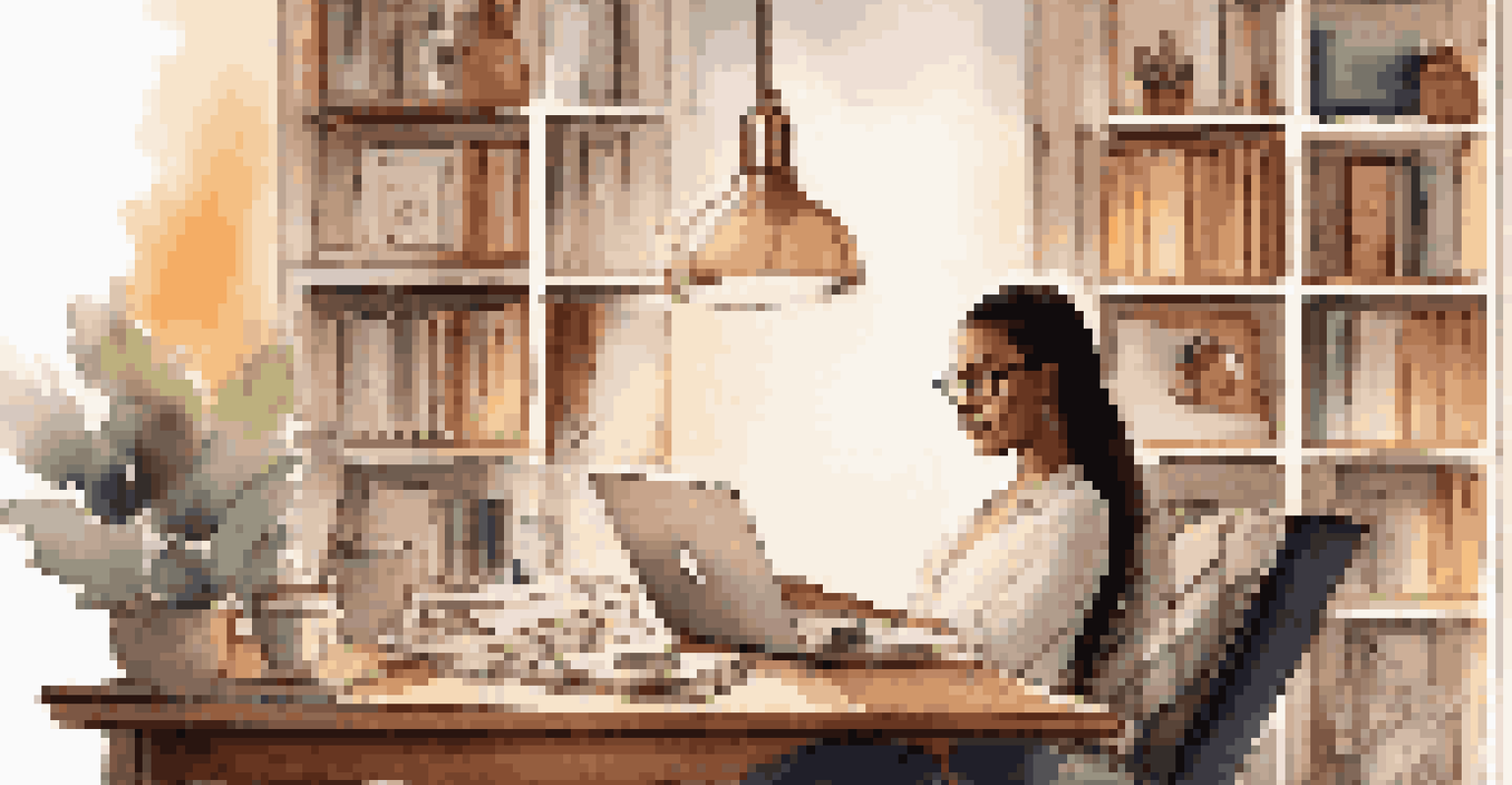 A woman working remotely in a cozy home office with a laptop and coffee, surrounded by books.