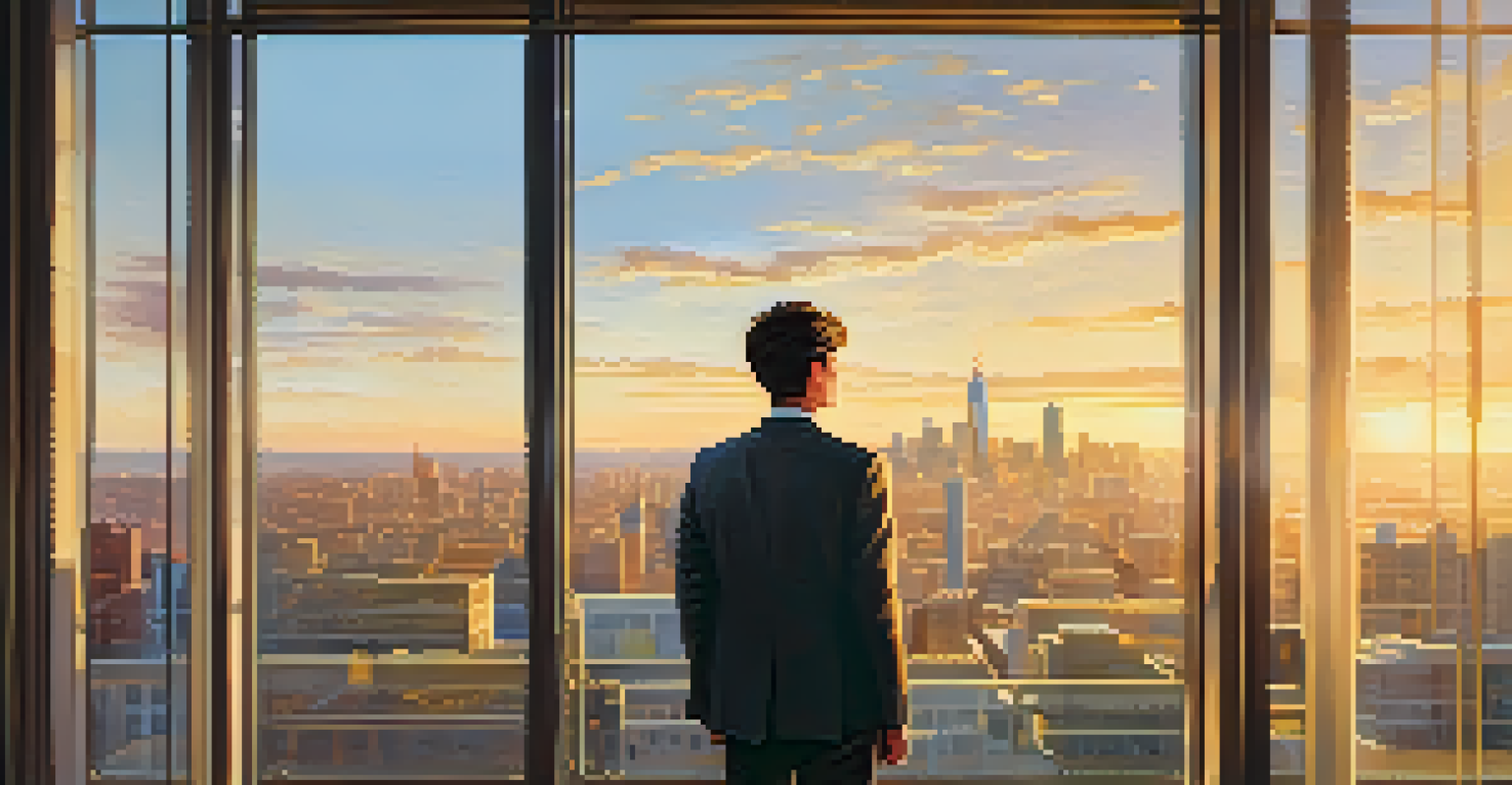 A young entrepreneur looking out the window at a city skyline during sunset, symbolizing hope and innovation.