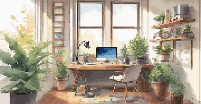 A contemporary office space with a desk, computer, colorful post-it notes, and a plant, bathed in natural light.