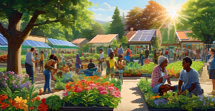 A diverse group of people planting trees, installing solar panels, and working in a community garden under warm sunlight.