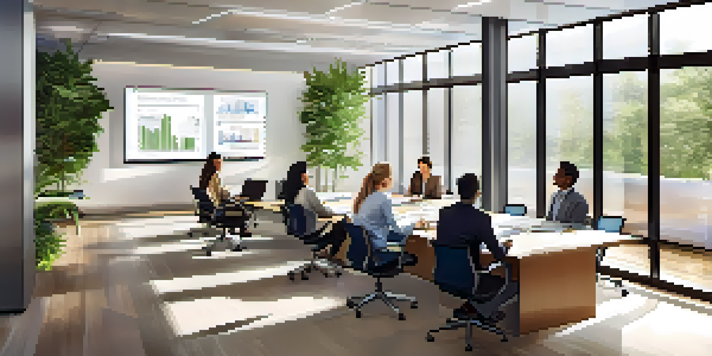 A diverse group of professionals collaborating in a bright, modern office space with a whiteboard and plants.