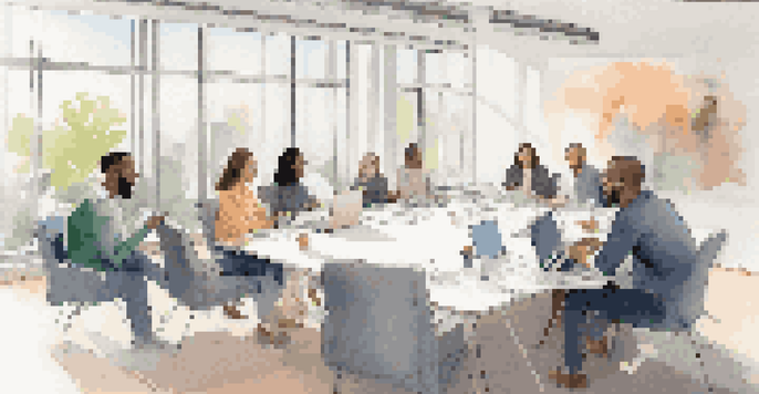 A group of diverse professionals in a bright conference room, engaged in a collaborative feedback session with laptops open, showcasing active listening and interaction.