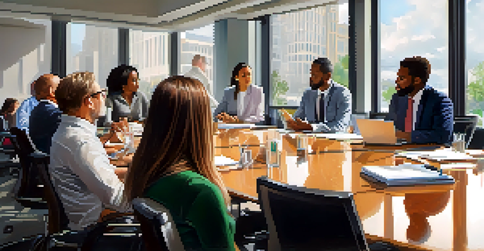 A group of diverse professionals in a conference room actively listening during a brainstorming session, with one person presenting and others engaged.