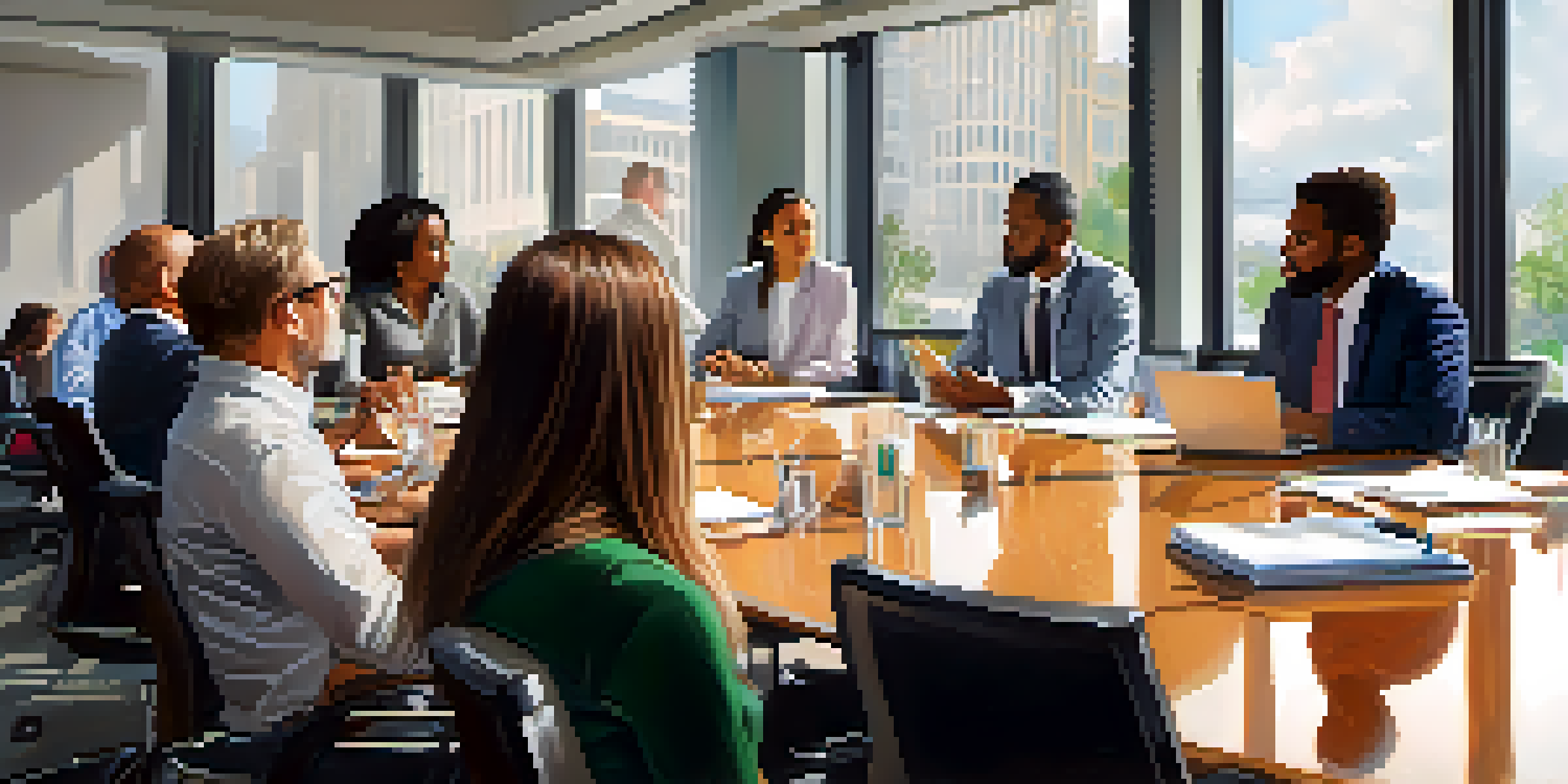 A group of diverse professionals in a conference room actively listening during a brainstorming session, with one person presenting and others engaged.