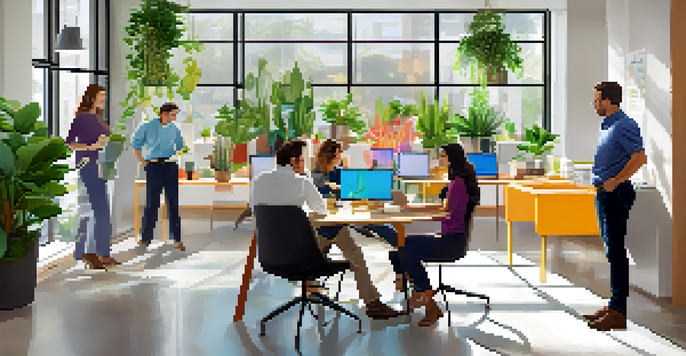 A modern office with employees collaborating around a table, illuminated by natural light from a large window, surrounded by plants and colorful artwork.