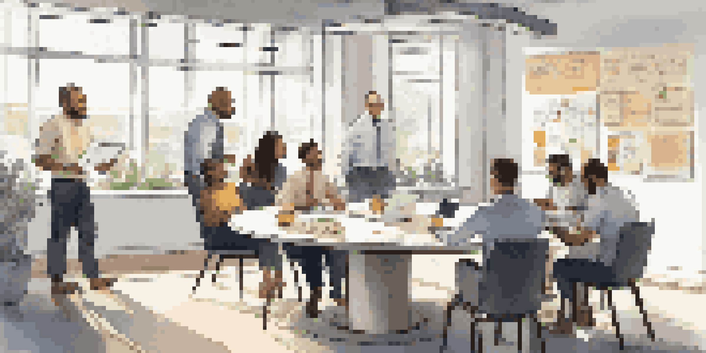 A diverse group of employees in a bright modern office discussing feedback around a round table with a laptop and papers.