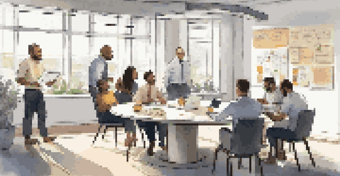 A diverse group of employees in a bright modern office discussing feedback around a round table with a laptop and papers.