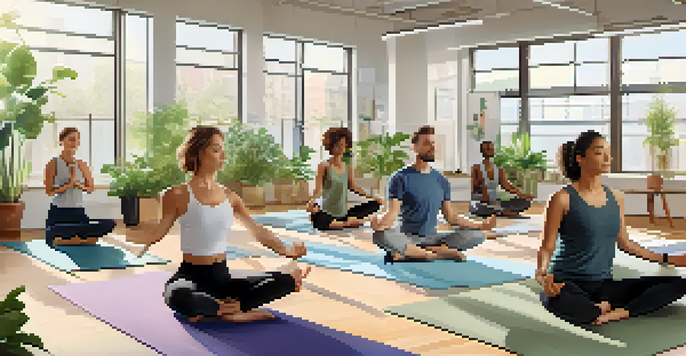 A diverse group of employees practicing yoga in a bright office space filled with plants and natural light.