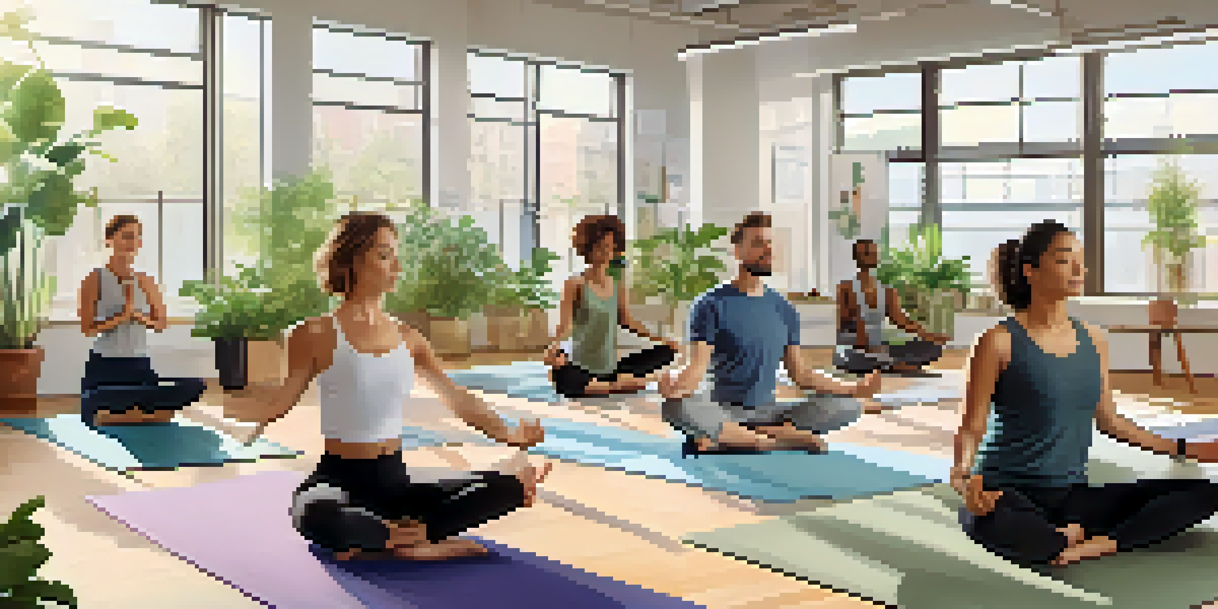 A diverse group of employees practicing yoga in a bright office space filled with plants and natural light.