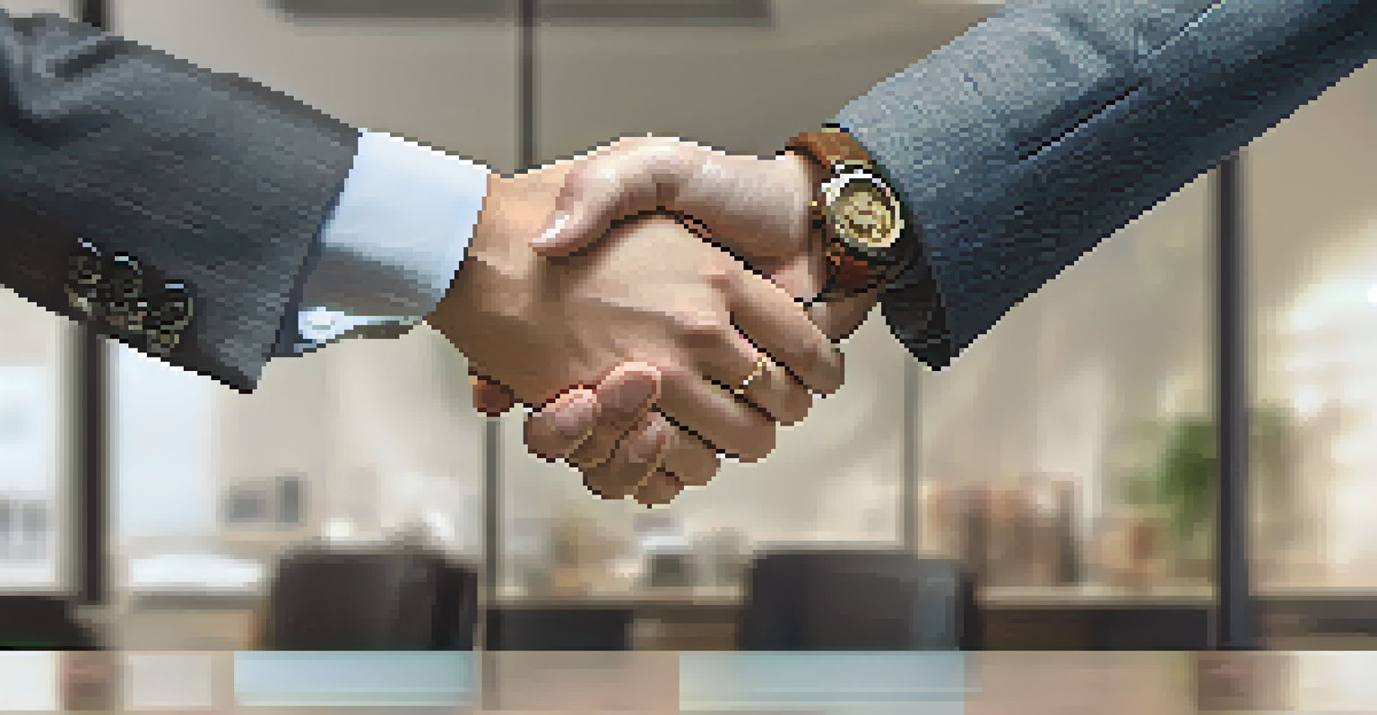 A close-up of two hands shaking, symbolizing conflict resolution in a modern office.