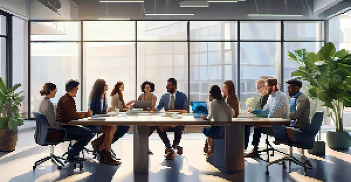 A mixed-age group of professionals collaborating in a modern office setting, showcasing diversity in attire and expressions.