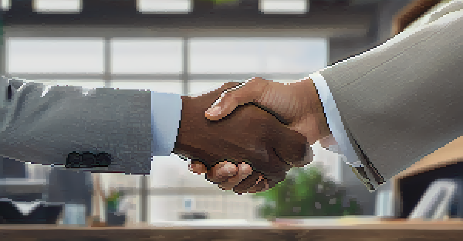 Close-up of a mentor and mentee shaking hands in an office setting, with a motivational quote in the background.