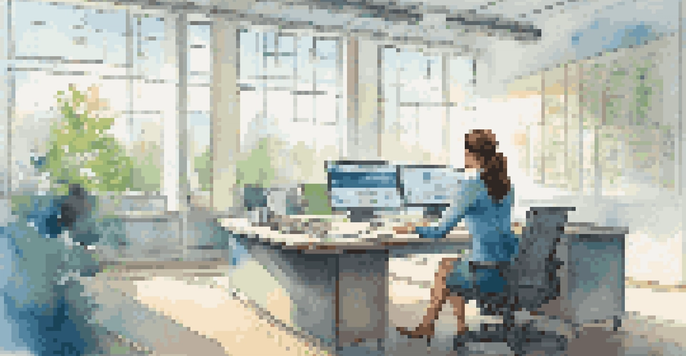 A professional woman presenting her achievements in a bright office setting, filled with natural light and motivational decor.