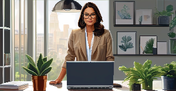 A confident professional woman in a well-lit office, working on a laptop with colleagues in the background.