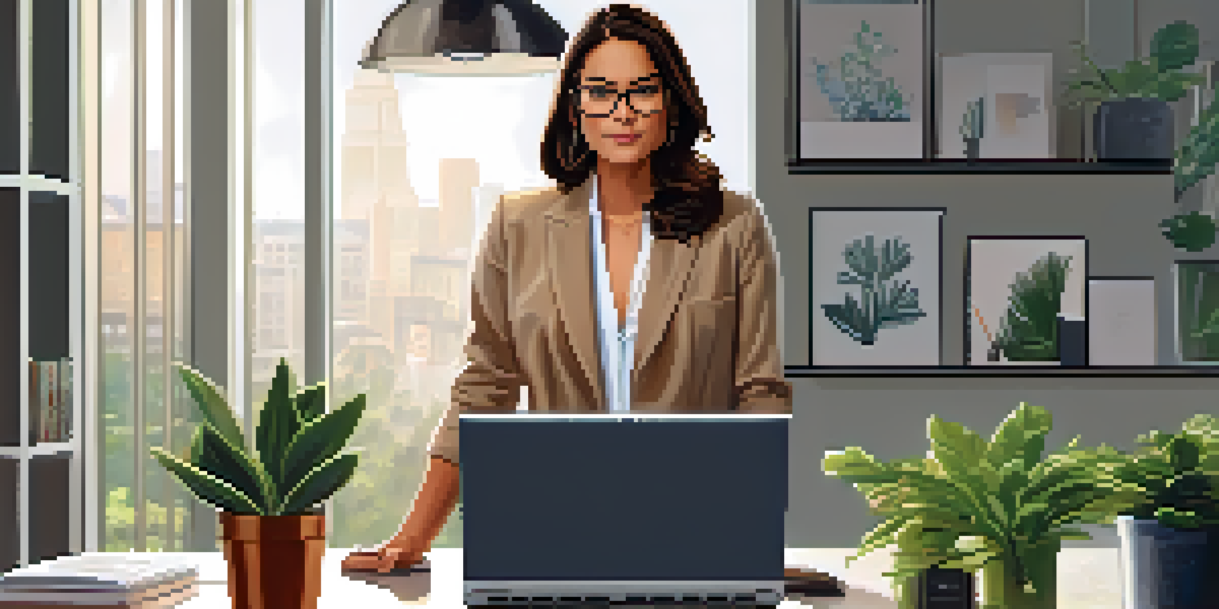 A confident professional woman in a well-lit office, working on a laptop with colleagues in the background.