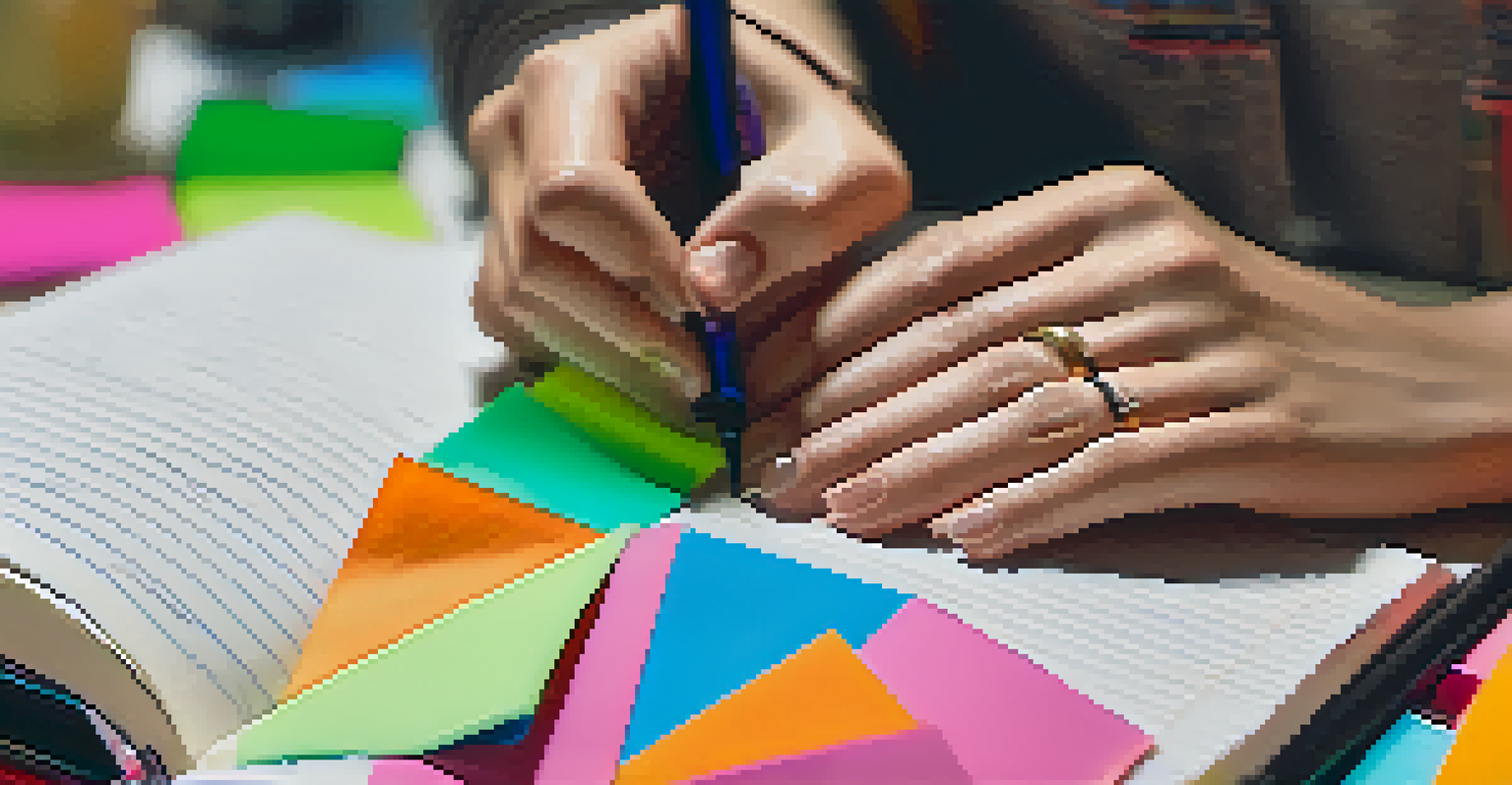 A close-up of hands writing in a journal, with colorful sticky notes and a pen, highlighting short-term goals.