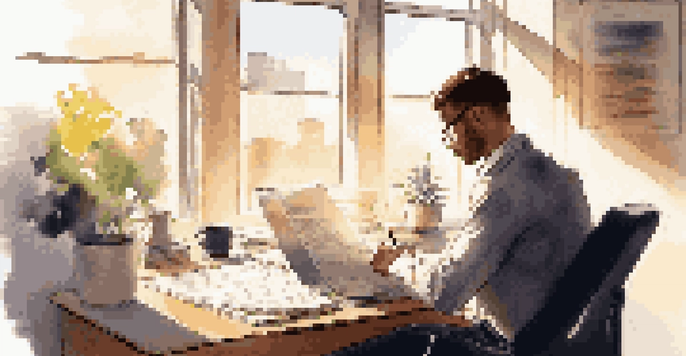 A young professional working on their resume at a desk with sunlight coming through a window.