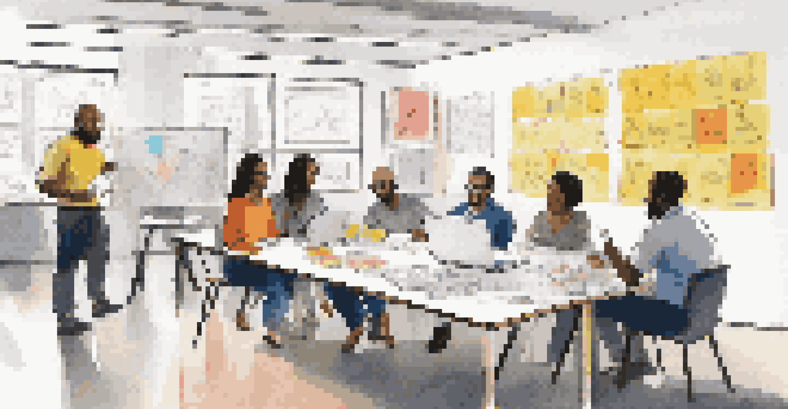 Diverse colleagues work together at a table, collaborating with sticky notes and laptops in a colorful, dynamic office space.
