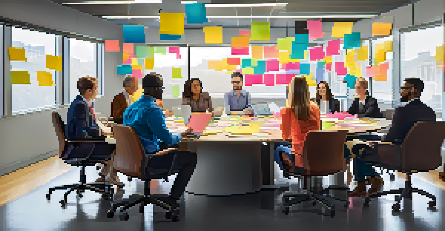 A diverse group of professionals collaborating around a conference table filled with post-it notes and a whiteboard.