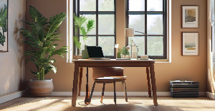A bright and organized workspace with a laptop, a potted plant, and a notebook, illuminated by sunlight from a large window.