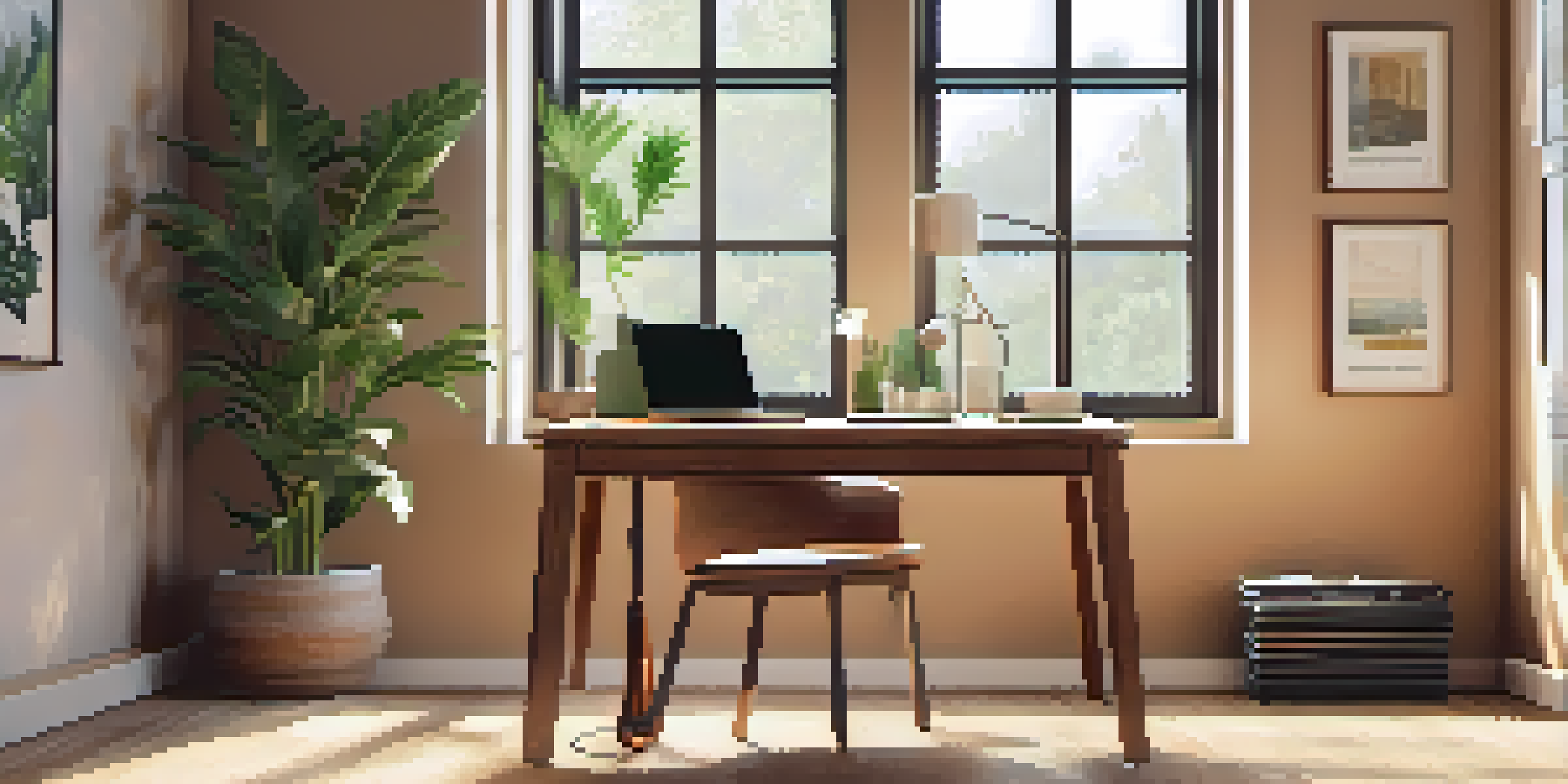 A bright and organized workspace with a laptop, a potted plant, and a notebook, illuminated by sunlight from a large window.
