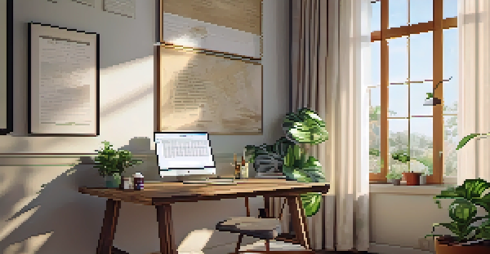 A bright office space with a wooden desk, laptop, notepad, coffee cup, motivational quotes on the walls, and a potted plant, illuminated by natural sunlight.