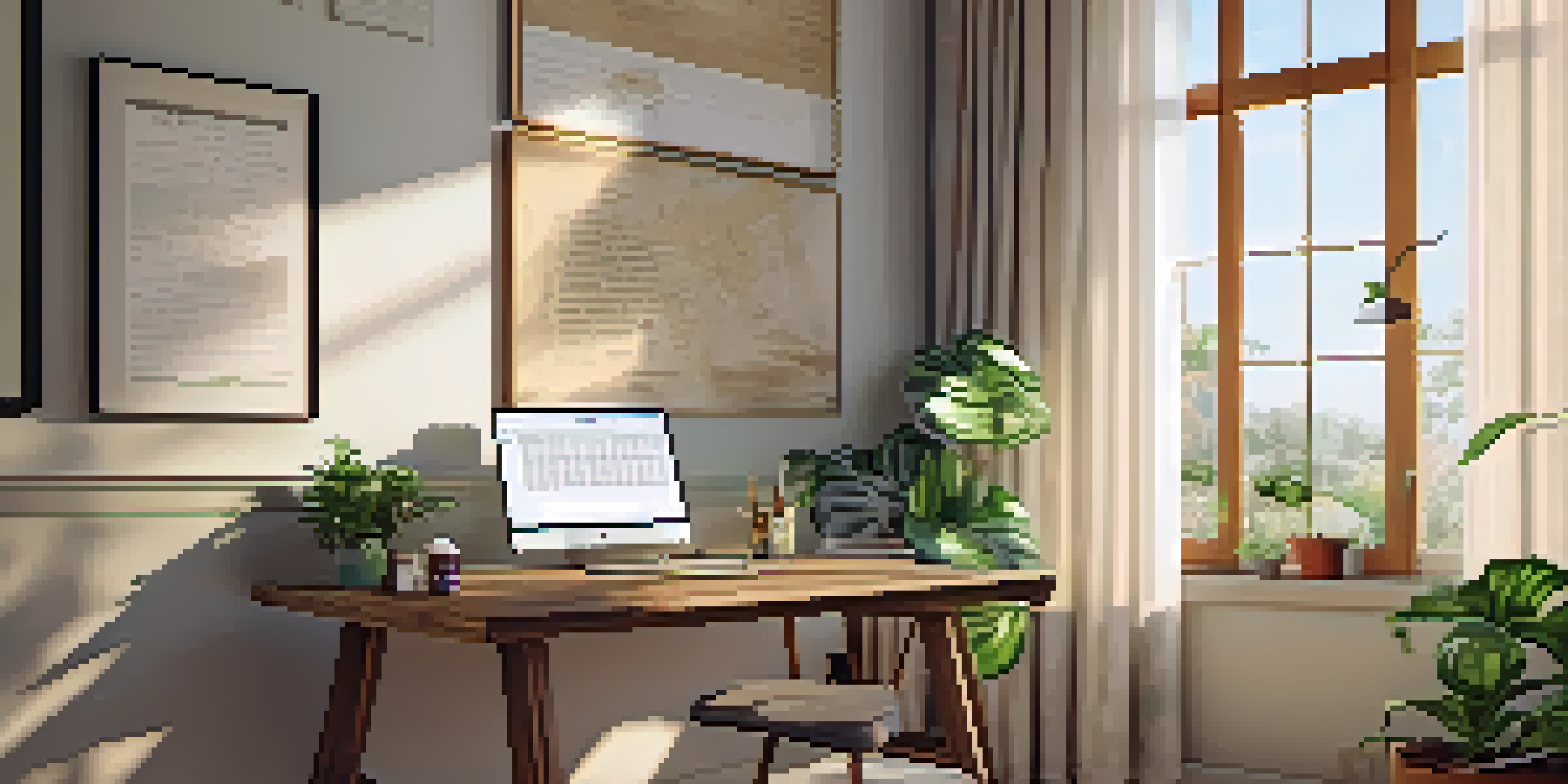 A bright office space with a wooden desk, laptop, notepad, coffee cup, motivational quotes on the walls, and a potted plant, illuminated by natural sunlight.