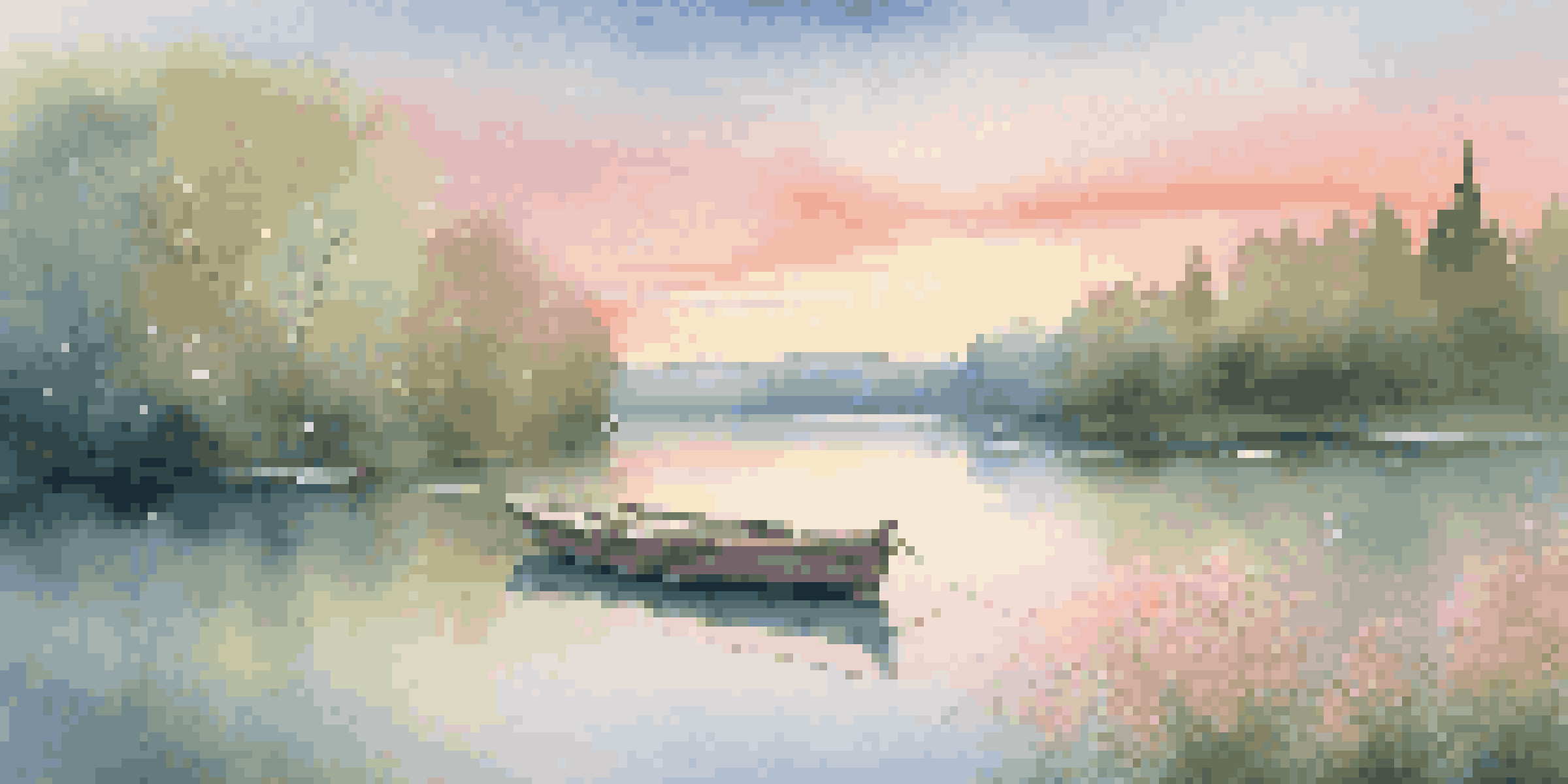 A tranquil sunrise over a lake with a wooden boat and vibrant flowers.