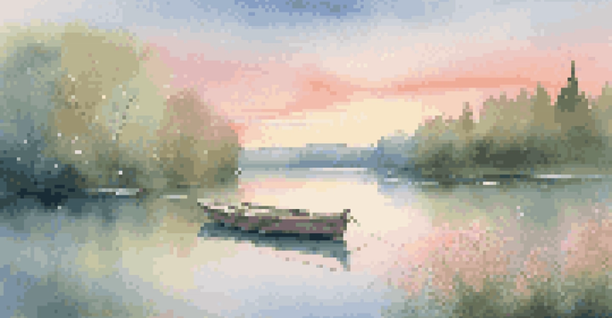 A tranquil sunrise over a lake with a wooden boat and vibrant flowers.