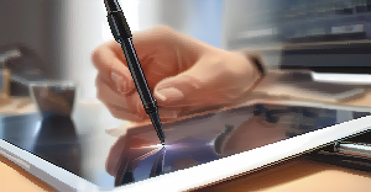 A close-up of a hand adjusting a digital device in an office setting, highlighting adaptability to technology.