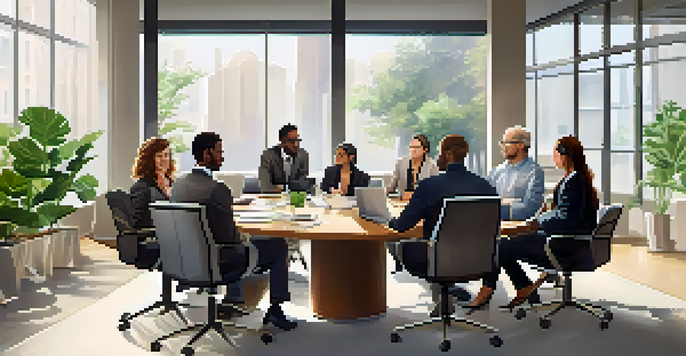 A diverse group of professionals having a discussion in a well-lit conference room, surrounded by laptops and plants.