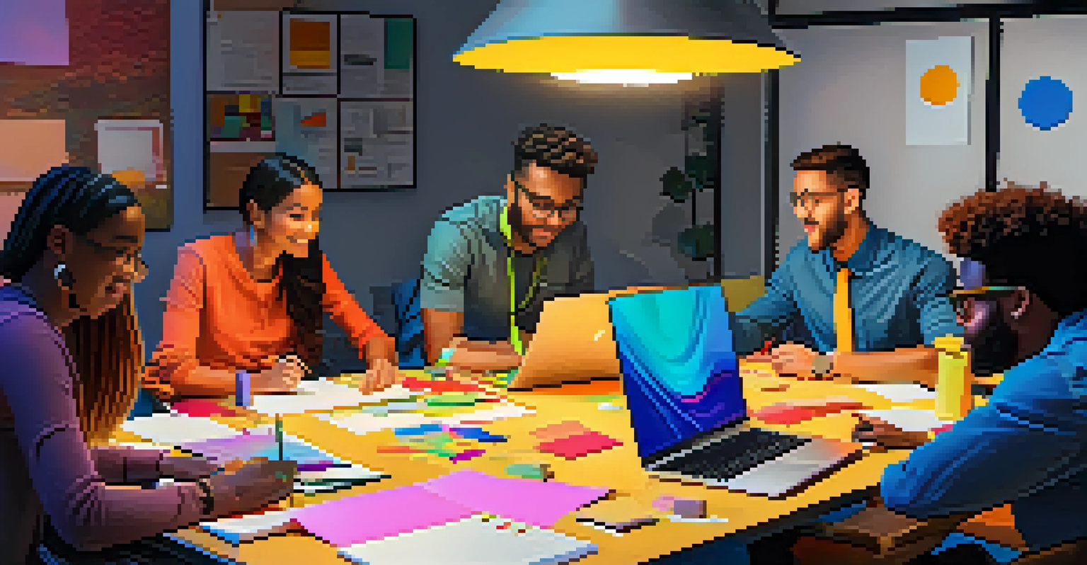 A diverse team collaborating around a table filled with sticky notes and a laptop, showing enthusiasm in a bright office environment.