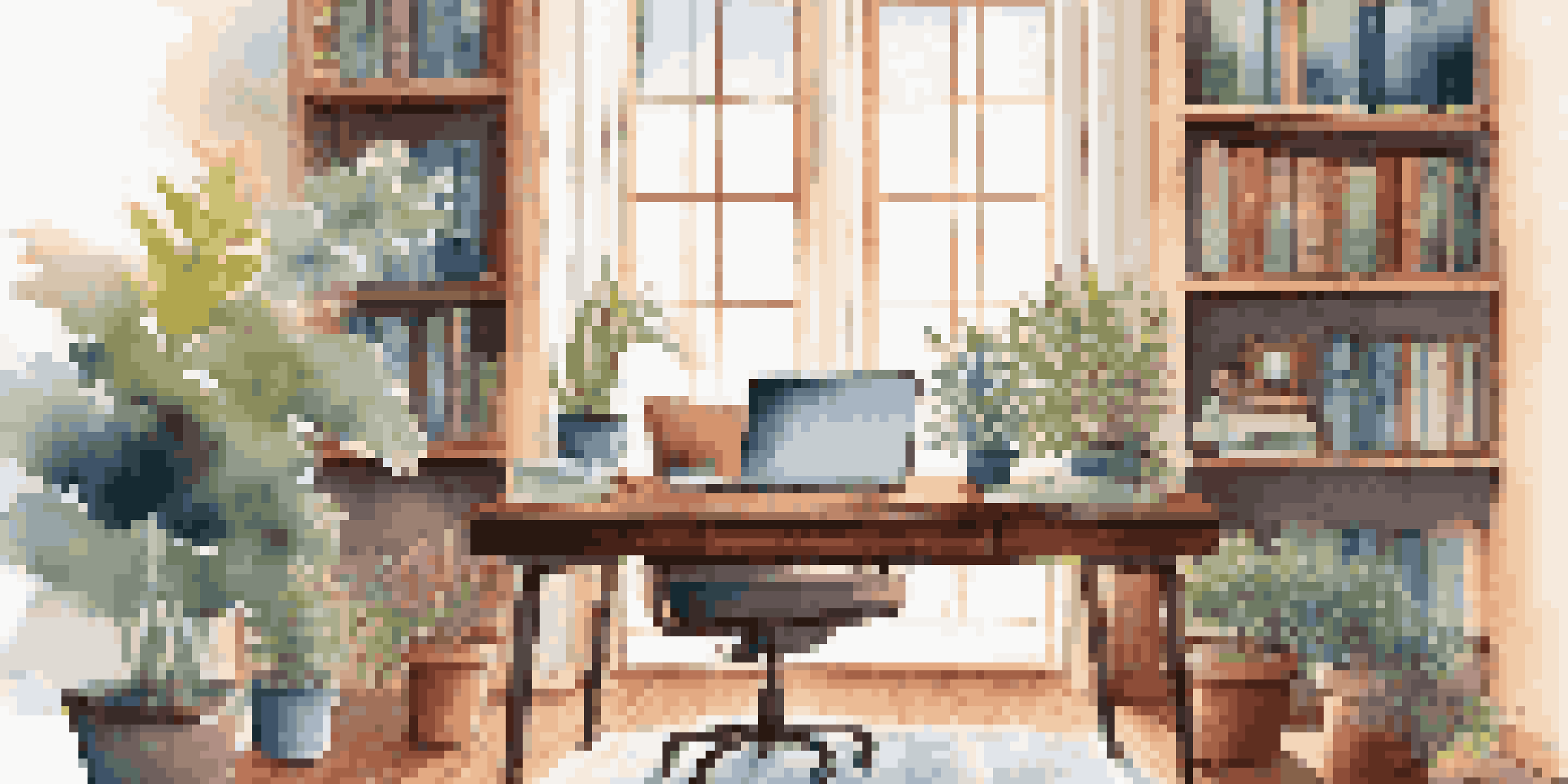 A cozy home office with a wooden desk, a laptop, a plant, and a steaming cup of tea, illuminated by natural light from a large window.