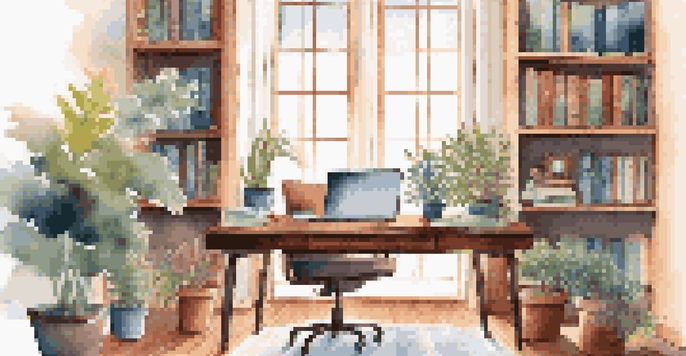 A cozy home office with a wooden desk, a laptop, a plant, and a steaming cup of tea, illuminated by natural light from a large window.