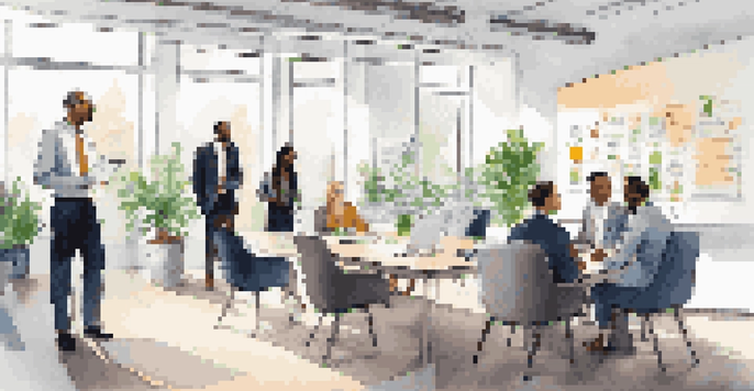 A diverse group of professionals discussing career milestones in a bright office setting with a whiteboard filled with colorful goals.