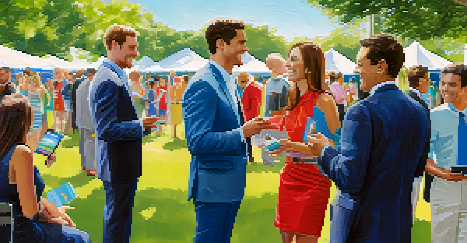 A lively outdoor networking event with people exchanging business cards and engaging in conversation under a blue sky.