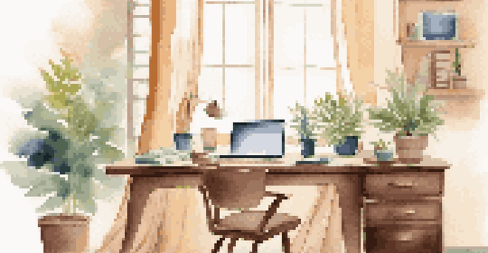 A tranquil workspace with a laptop, coffee cup, and plant, set against a sunlit window, symbolizing work-life balance.