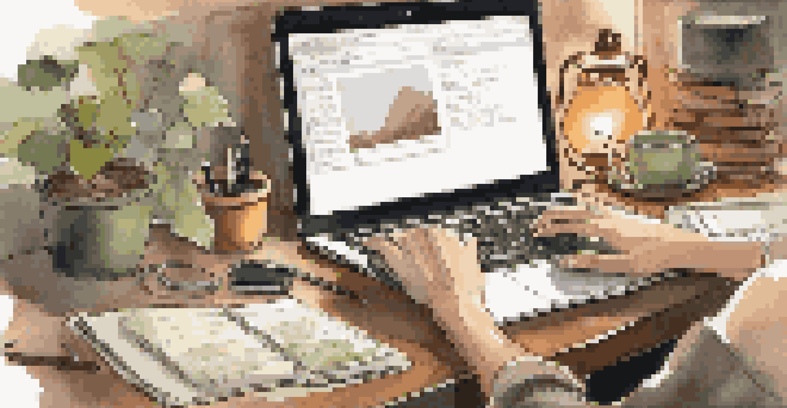 Close-up of hands typing on a laptop, with notebooks and a coffee cup on an organized desk.