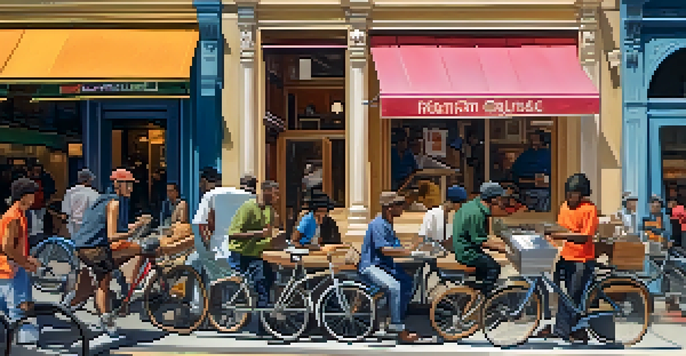 A vibrant urban street scene with diverse gig workers, including a bicycle delivery person, a graphic designer at a café, and a musician, under warm sunlight.