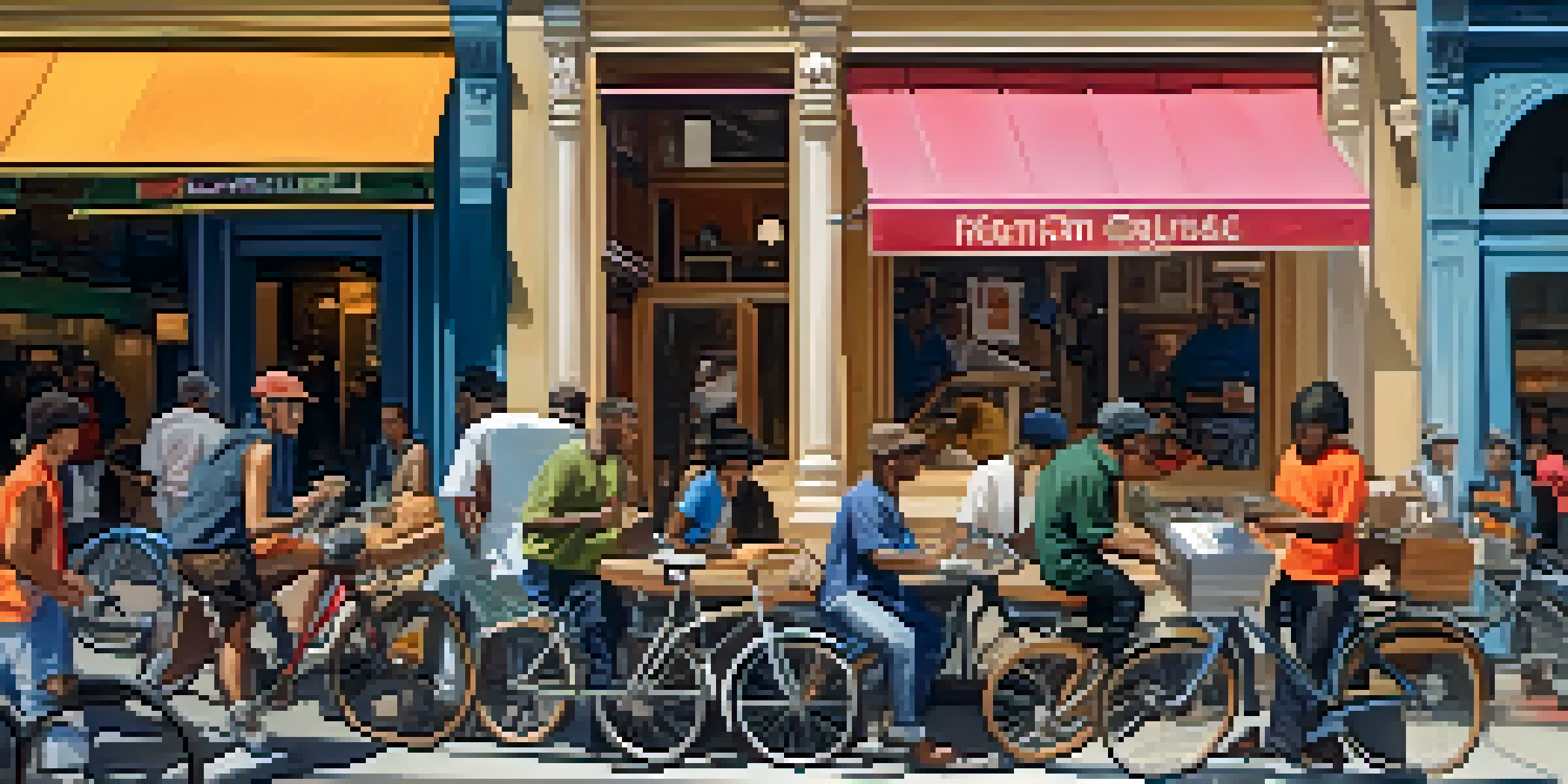 A vibrant urban street scene with diverse gig workers, including a bicycle delivery person, a graphic designer at a café, and a musician, under warm sunlight.