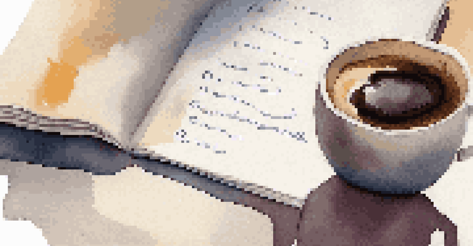 A hand writing in a journal with a coffee cup and an open laptop, set in a warm morning light.