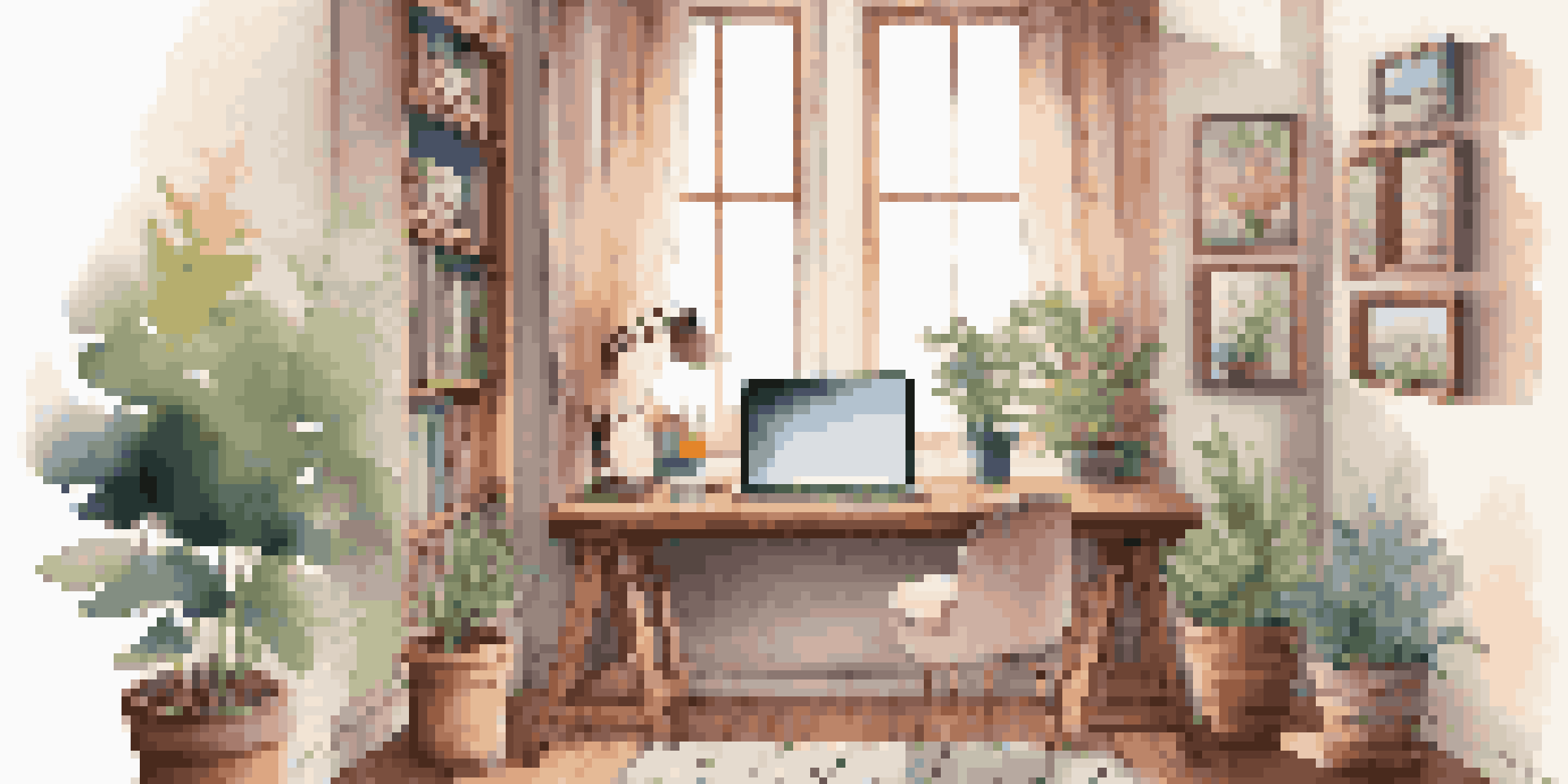 A warm and inviting study area with a wooden desk, laptop, and colorful stationery under soft natural light.