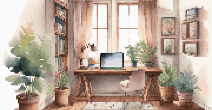 A warm and inviting study area with a wooden desk, laptop, and colorful stationery under soft natural light.