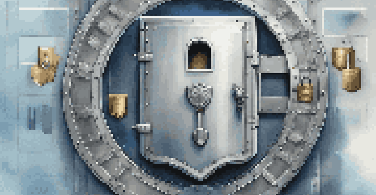 An artistic image of a locked vault surrounded by icons representing confidentiality and information security.