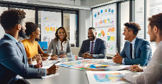 A diverse group of professionals in a bright office meeting room, engaging in a collaborative discussion around a whiteboard.
