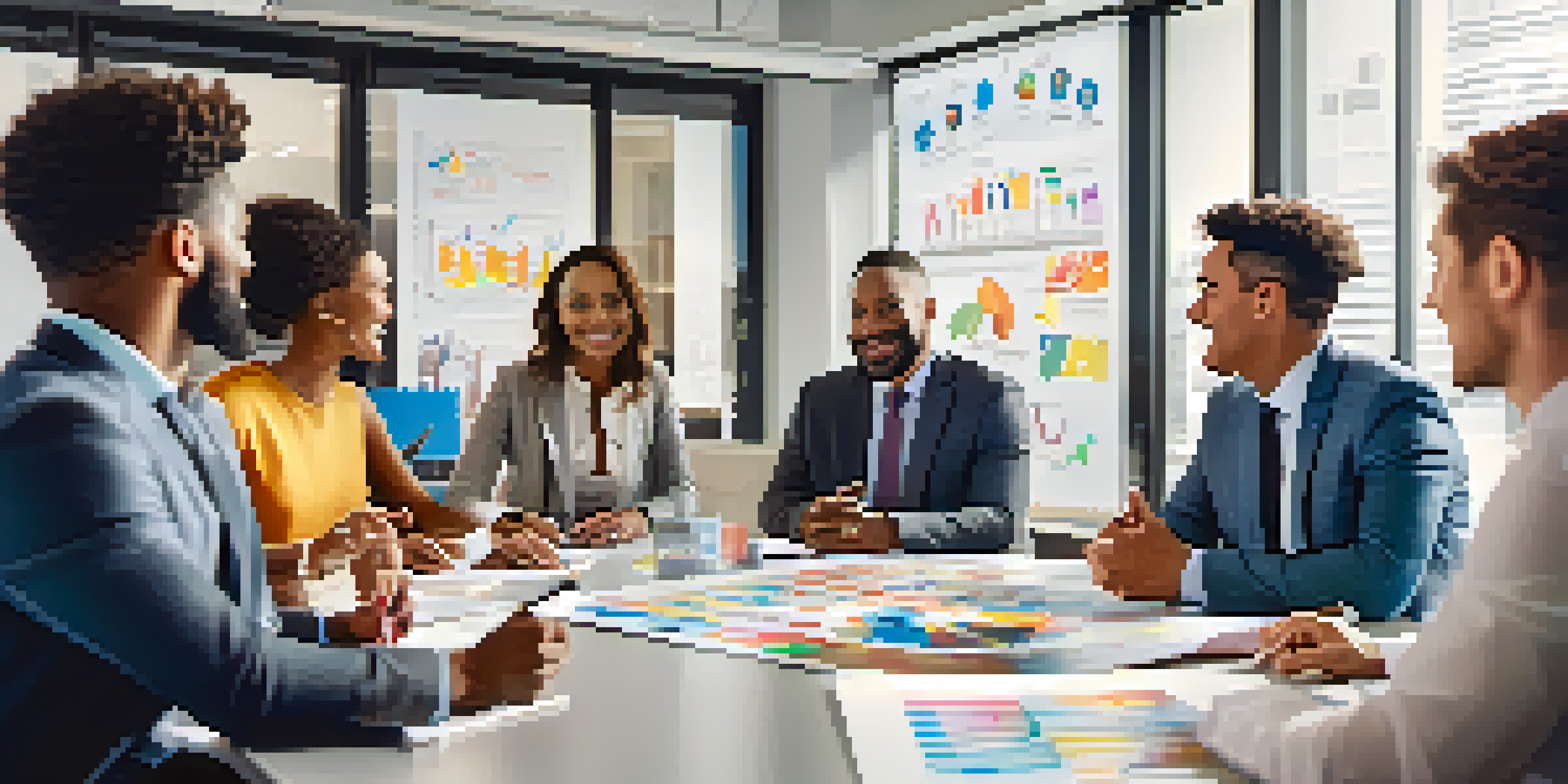A diverse group of professionals in a bright office meeting room, engaging in a collaborative discussion around a whiteboard.