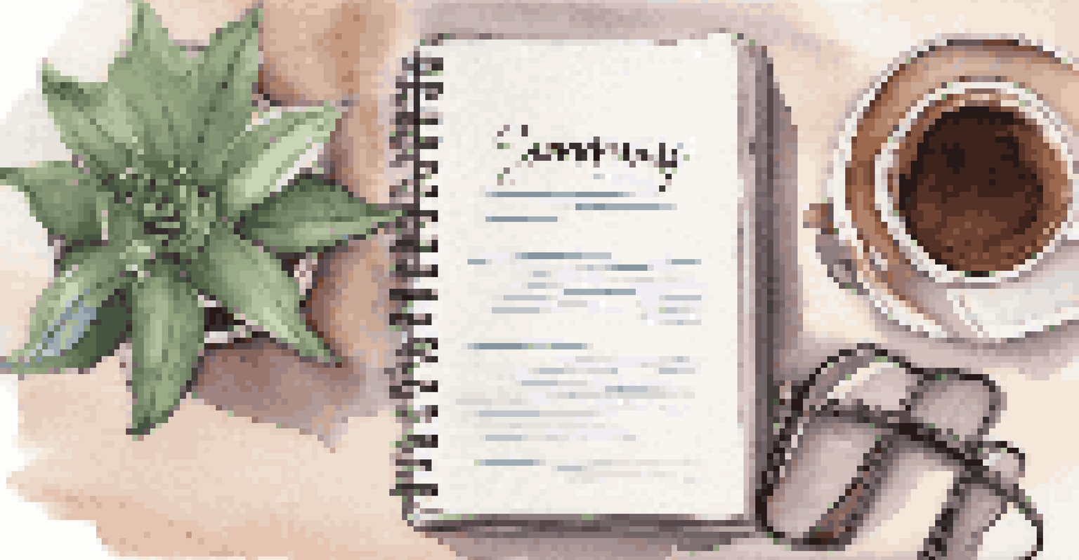 An open notebook displaying a summary statement, with a laptop, coffee cup, and a plant, creating a cozy workspace.