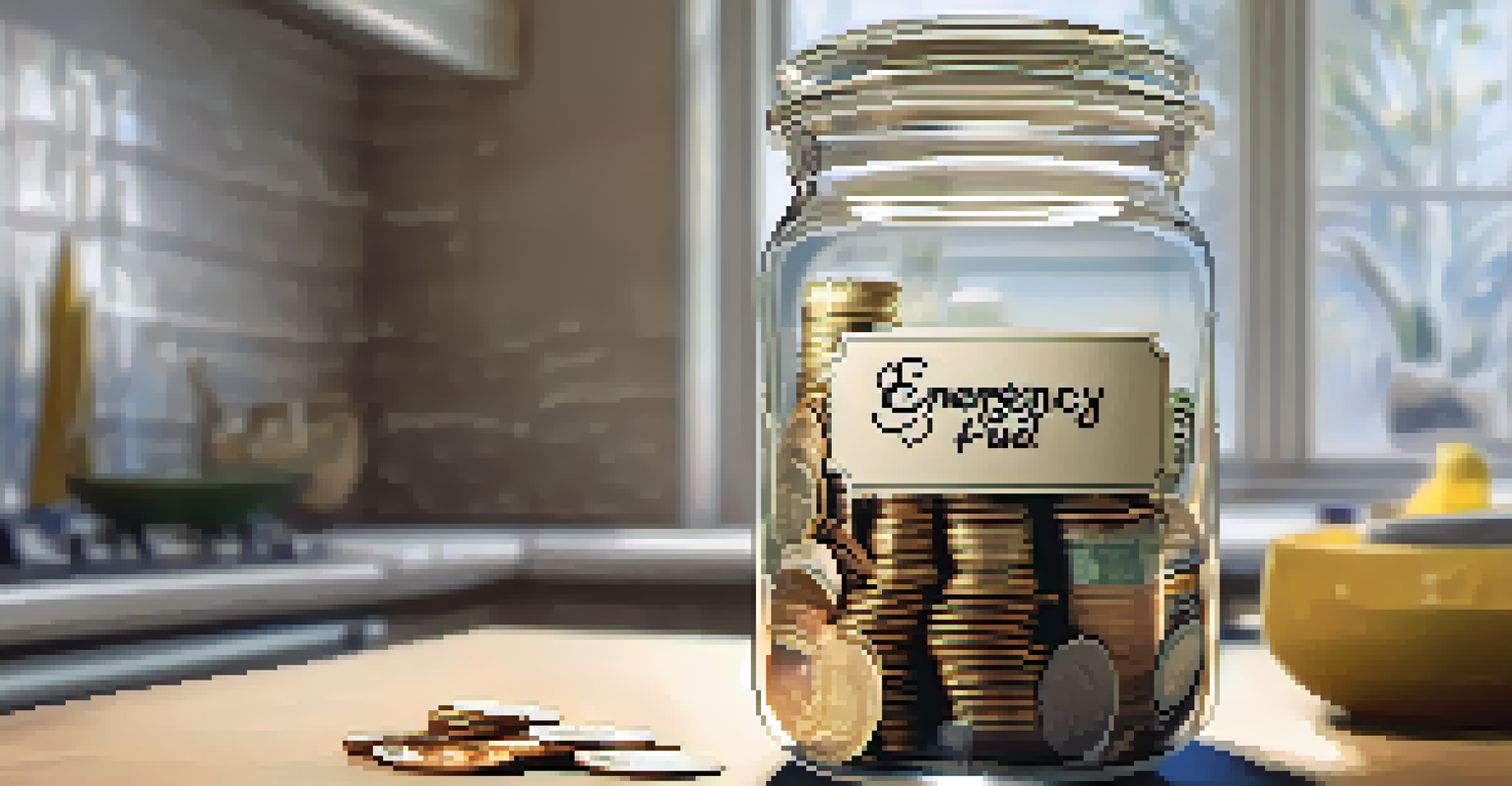 An elegant jar labeled 'Emergency Fund' filled with coins and bills, illuminated by natural light on a kitchen counter.